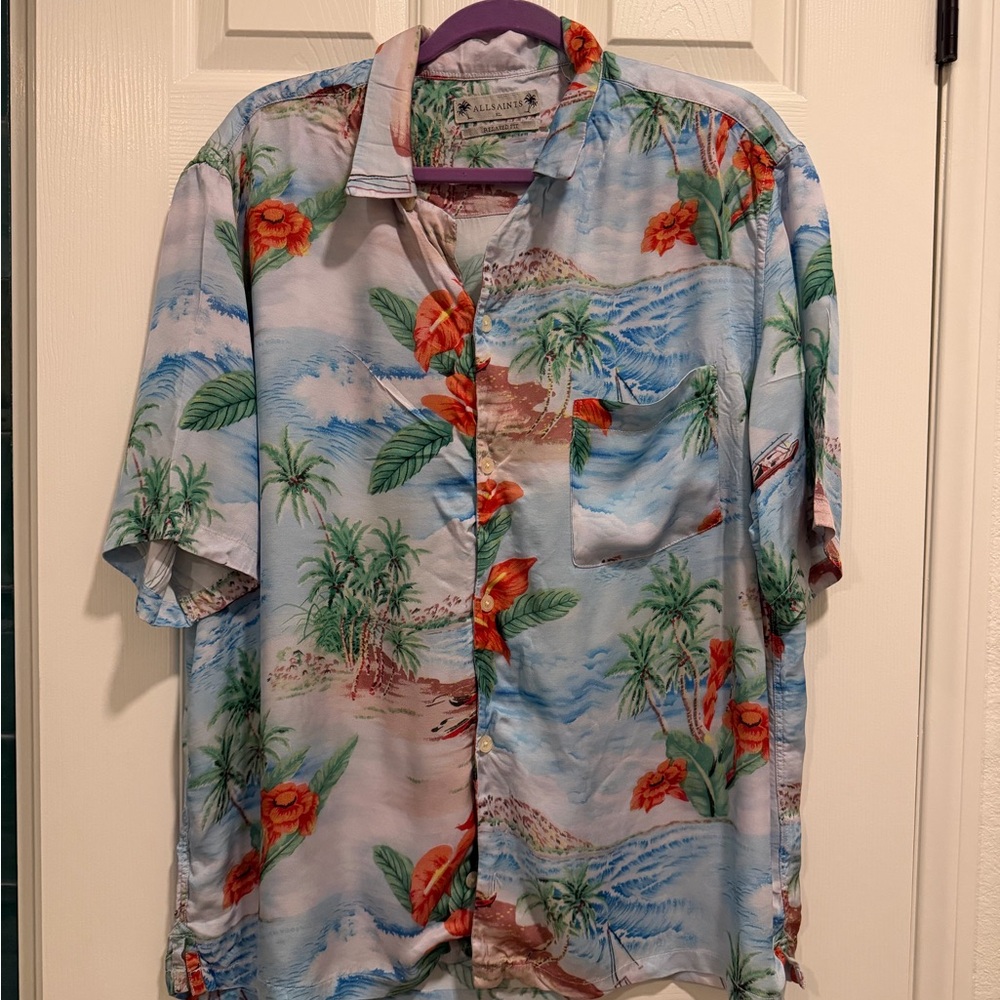 AllSaints Light Blue Hawaiian Print Button-Down Shirt